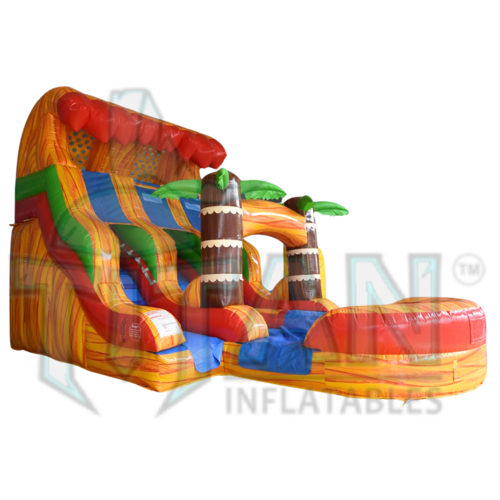 front angled left view of a 16 foot lava plummet double lane inflatable water slide with an inflated pool