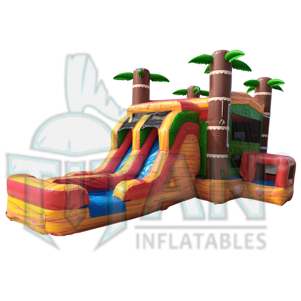 front angled left facing view of titan inflatables island fire double lane inflatable combo bouncer
