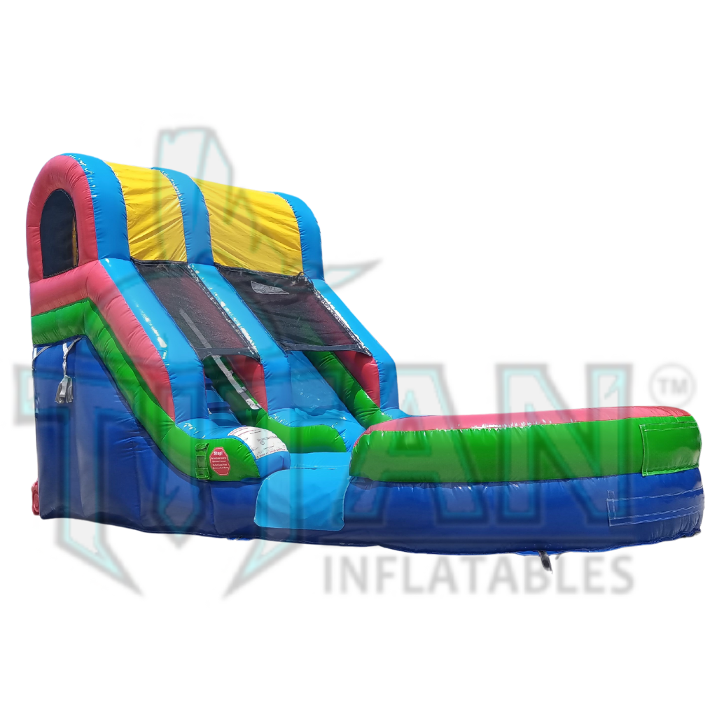 front angled left view of a multicolored 13 foot standard single lane inflatable water slide with inflated pool