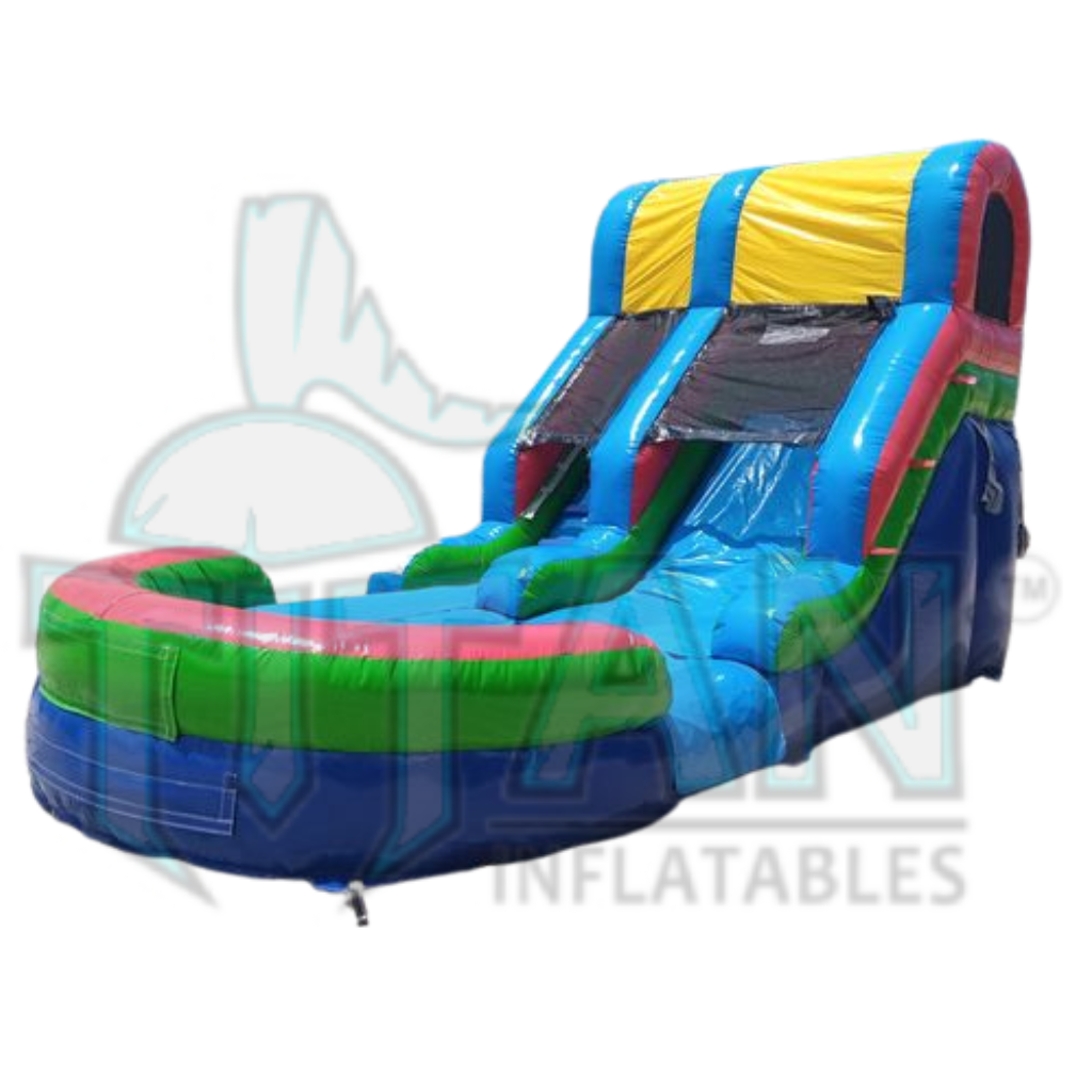 front angled right view of a multicolored 13 foot standard single lane inflatable water slide with inflated pool