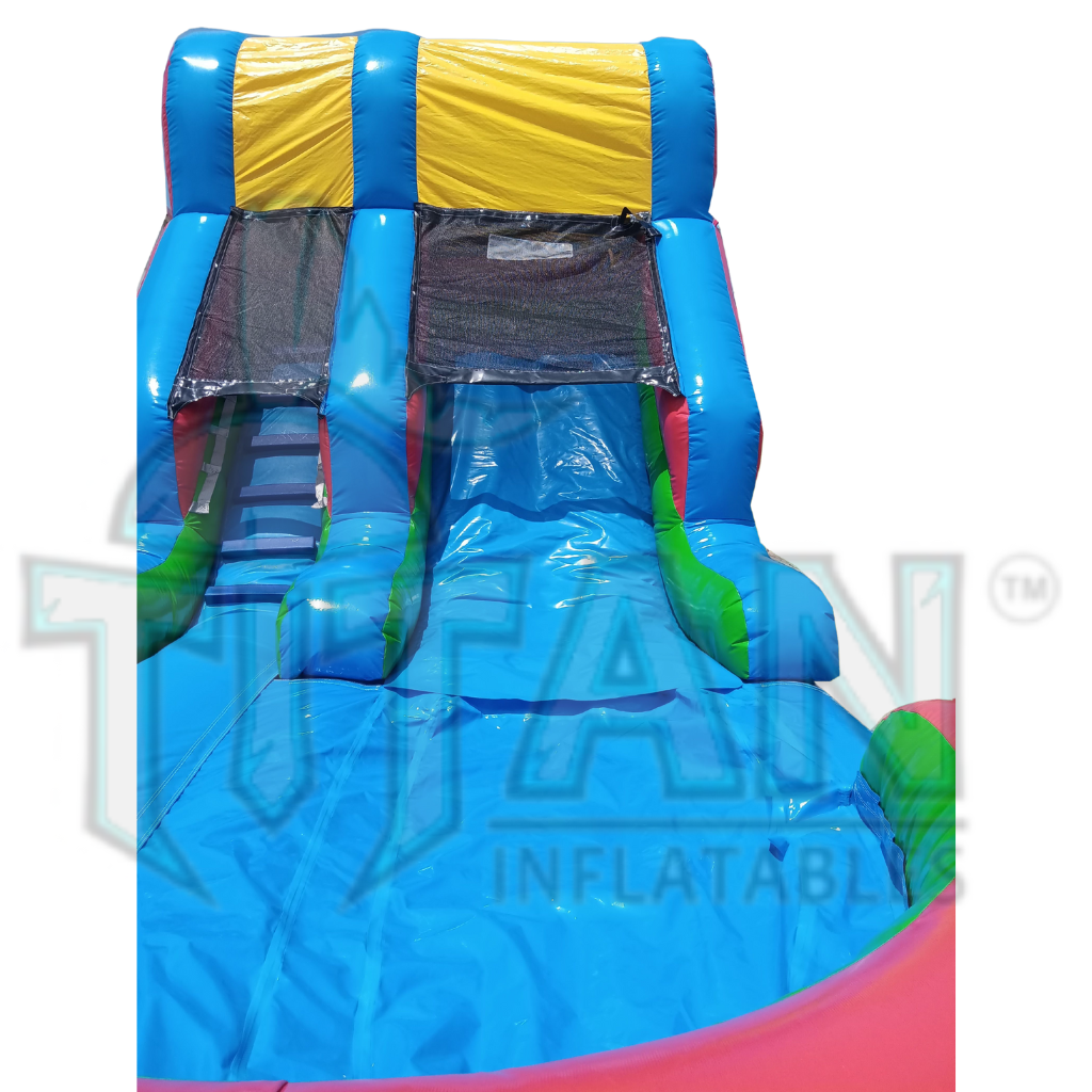 front facing view of a multicolored 13 foot standard single lane inflatable water slide inflated pool.