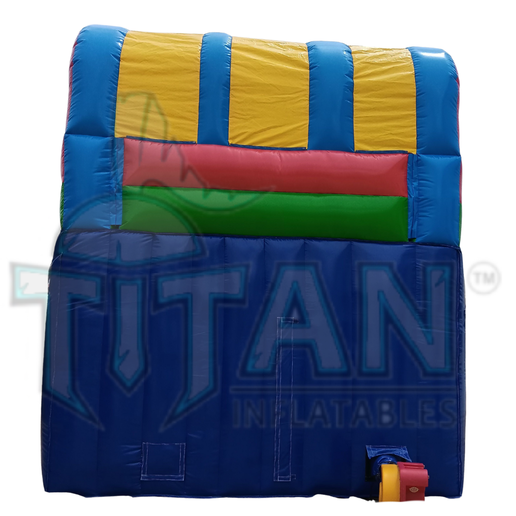 back facing view of a multicolored 16 foot standard double lane inflatable water slide with an inflated pool