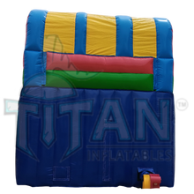 Load image into Gallery viewer, back facing view of a multicolored 16 foot standard double lane inflatable water slide with an inflated pool
