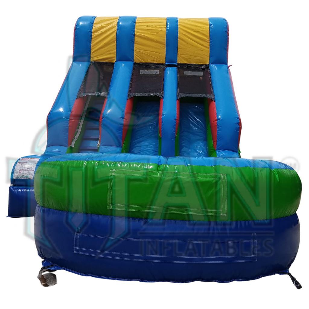 front facing view of a multicolored 16 foot standard double lane inflatable water slide with an inflated pool