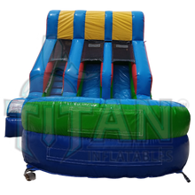 Load image into Gallery viewer, front facing view of a multicolored 16 foot standard double lane inflatable water slide with an inflated pool
