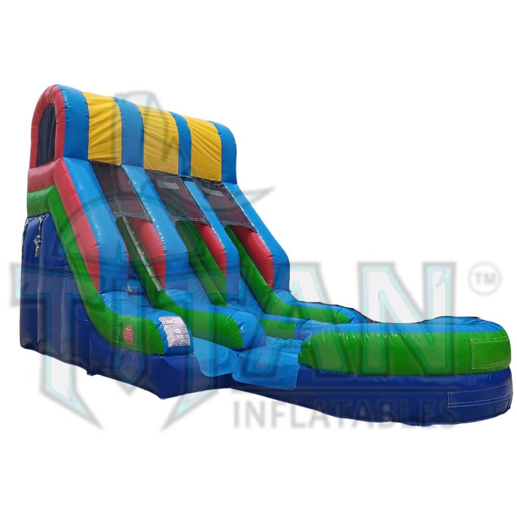 front angled left view of a multicolored 16 foot standard double lane inflatable water slide with an inflated pool