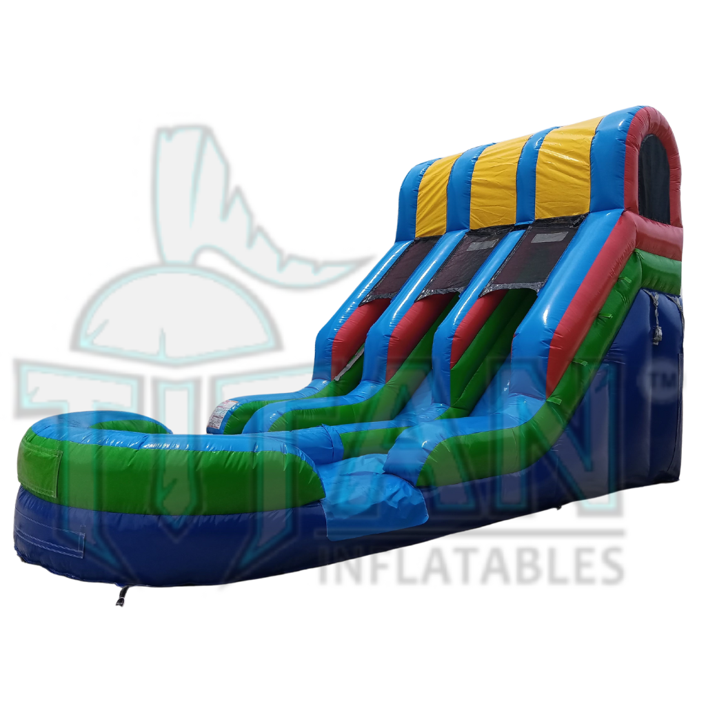 front angled right view of a multicolored 16 foot standard double lane inflatable water slide with an inflated pool