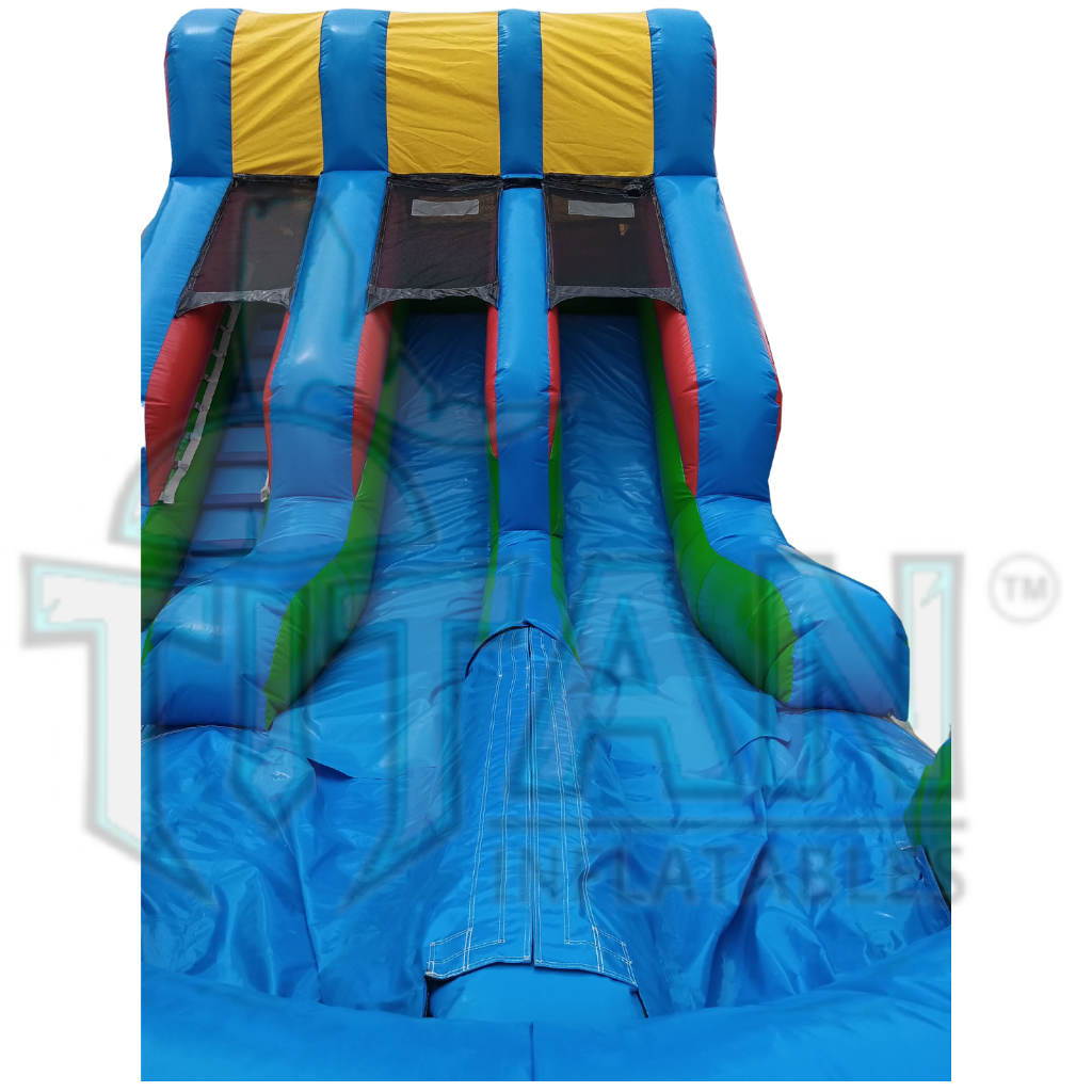 front left view of a multicolored 16 foot standard double lane inflatable water slide inflated pool