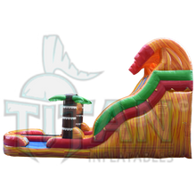 Load image into Gallery viewer, right view of a 18 foot lava plummet double lane inflatable water slide with an inflated pool
