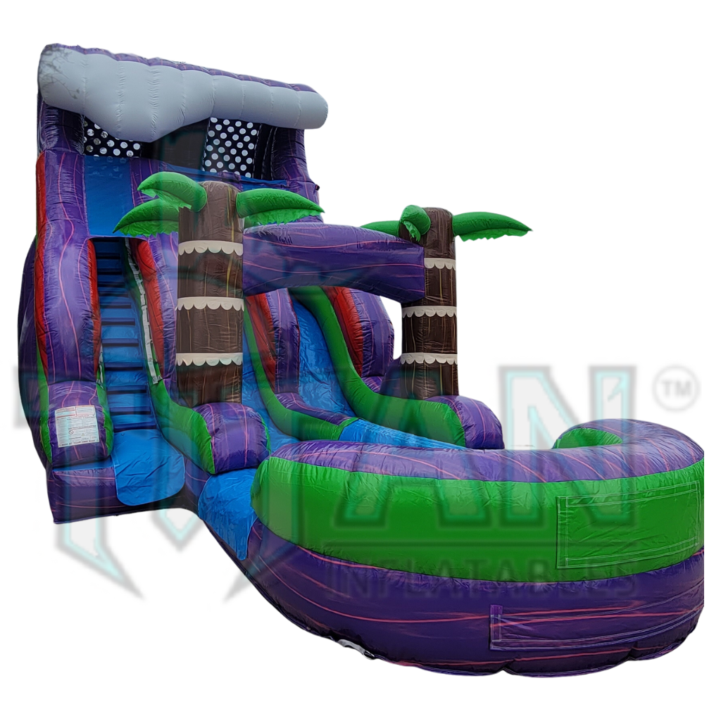  front angled left facing view of an 18 foot purple plummet double lane inflatable water slide with an inflated pool