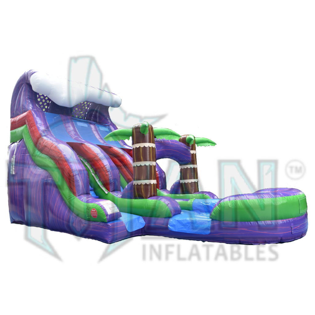  left facing view of an 18 foot purple plummet double lane inflatable water slide with an inflated pool