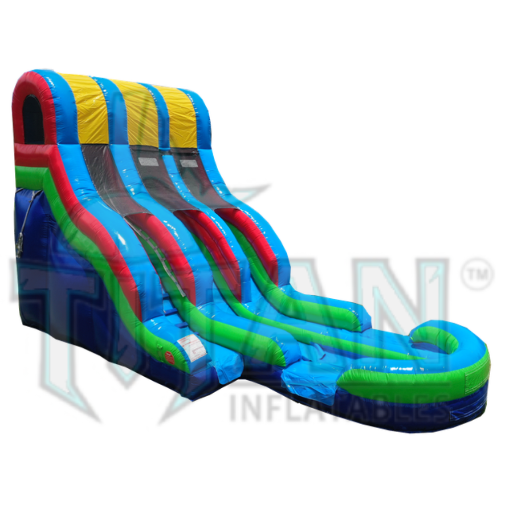  front angled left view of a multicolored 18 foot standard double lane inflatable water slide with an inflated pool