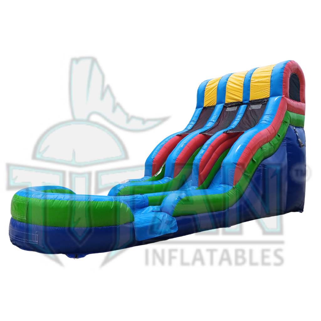  front angled right view of a multicolored 18 foot standard double lane inflatable water slide with an inflated pool