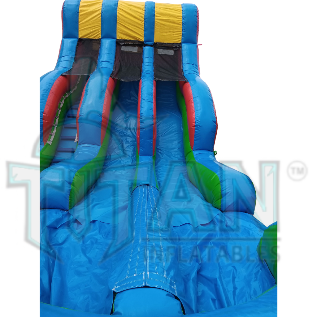  front facing view of a multicolored 18 foot standard double lane inflatable water slide inflated pool