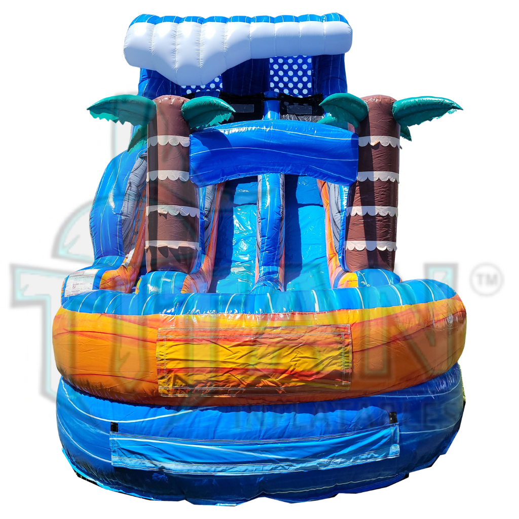  front facing view of an 18 foot blue plummet double lane inflatable water slide with an inflated pool