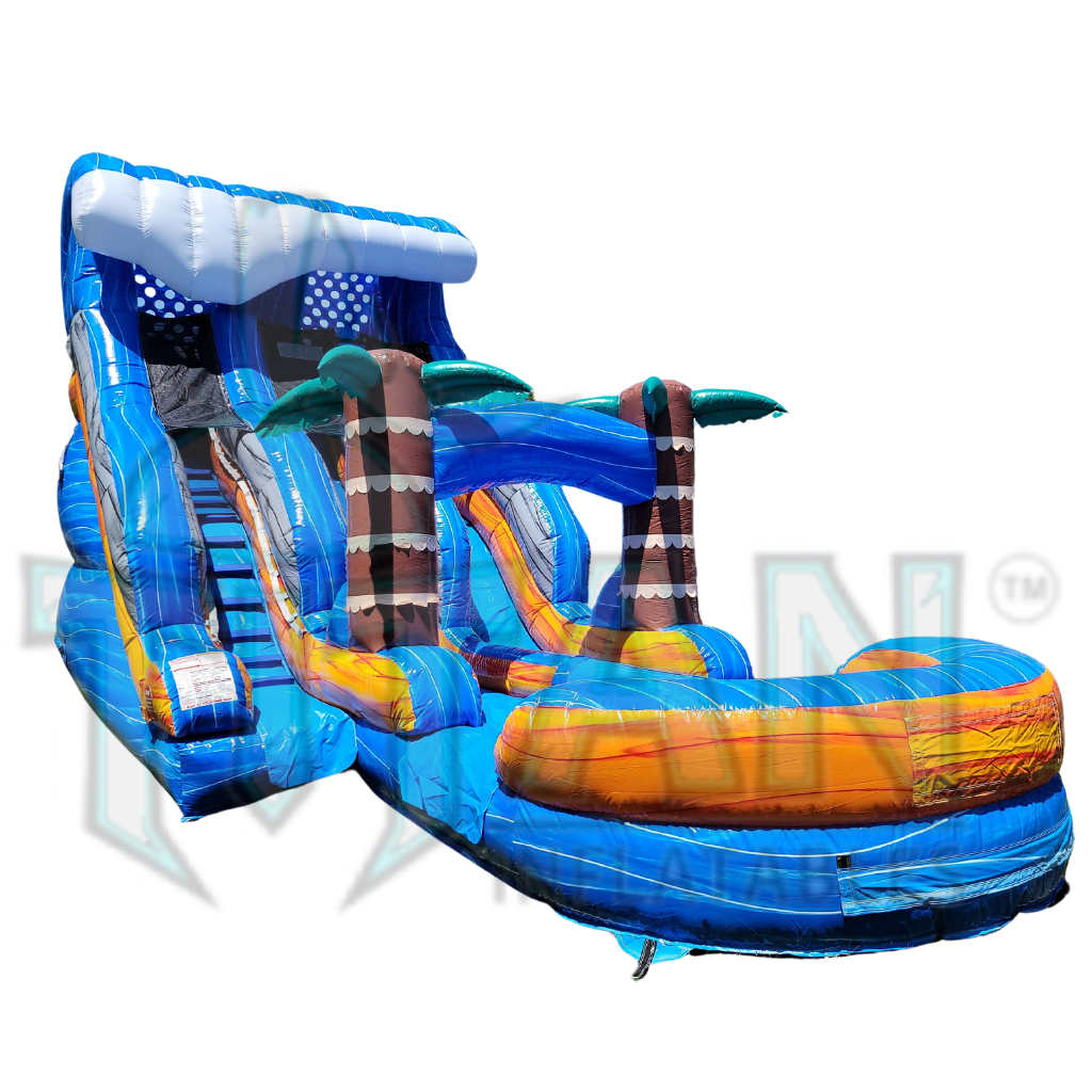  front angled left facing view of an 18 foot blue plummet double lane inflatable water slide with an inflated pool