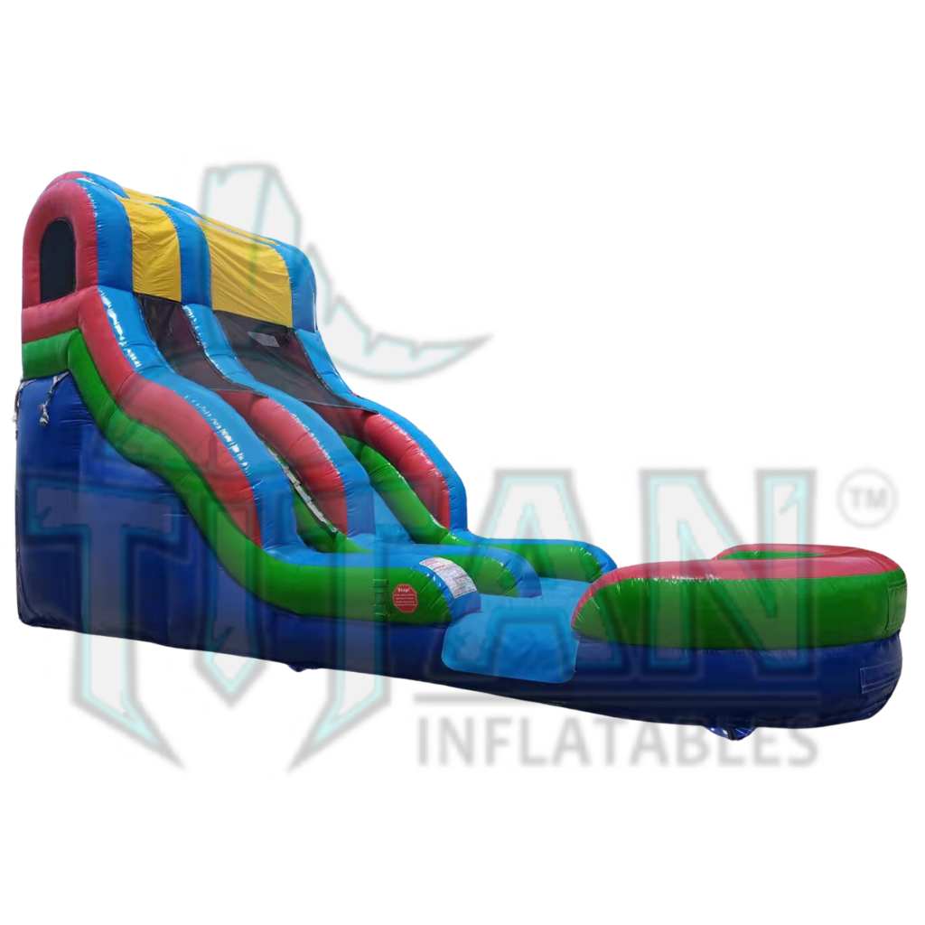  front angled left facing view of a multicolored 18 foot standard single lane inflatable water slide with an inflated pool