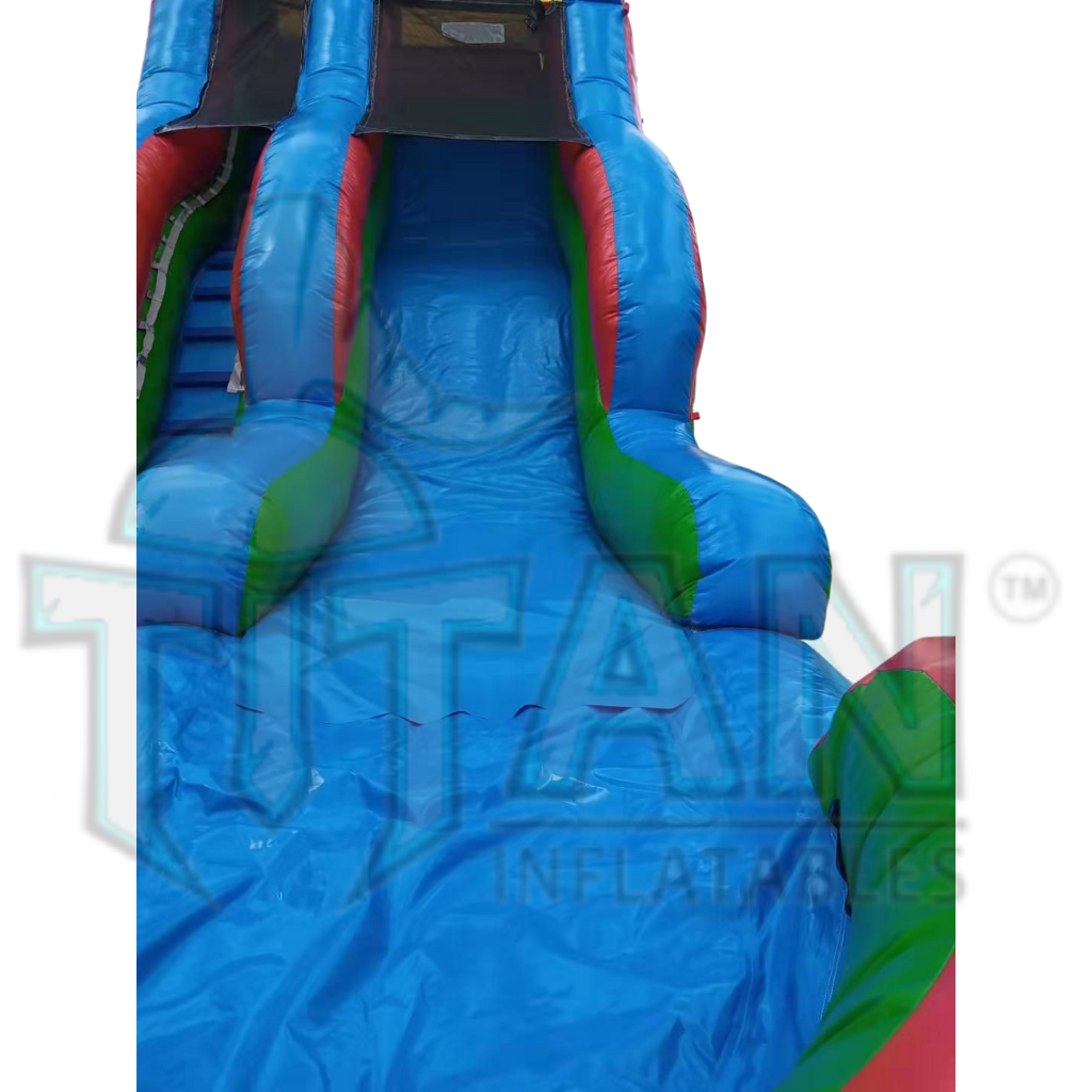  front view of a multicolored 18 foot standard single lane inflatable water slide inflated pool