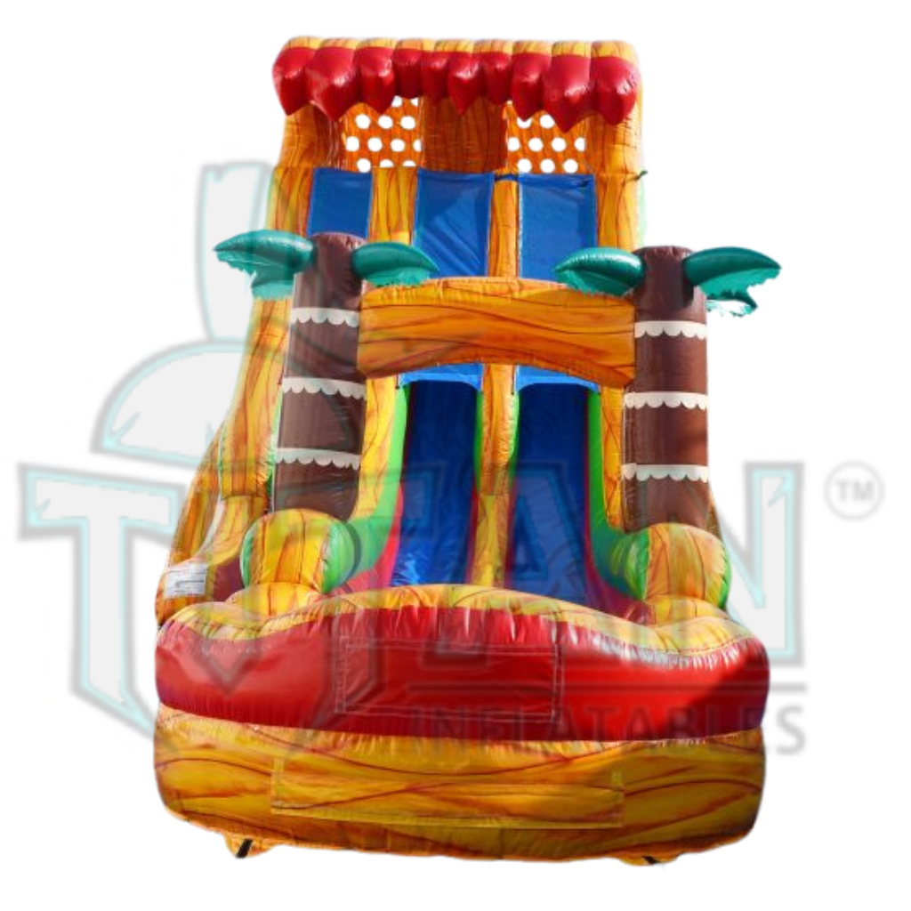 front facing view of a 22 foot lava plummet double lane inflatable water slide with an inflated pool