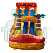 Load image into Gallery viewer, front facing view of a 22 foot lava plummet double lane inflatable water slide with an inflated pool
