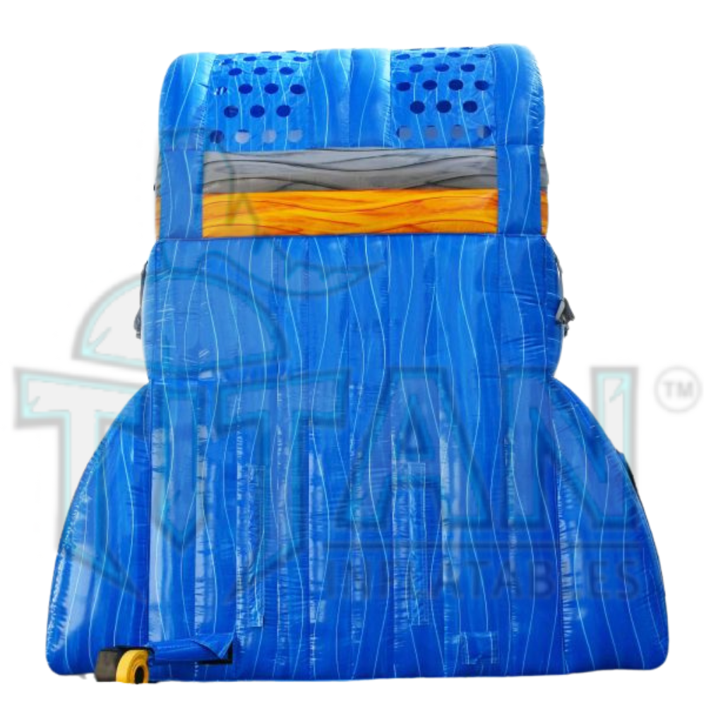  back facing view of a 22 foot blue plummet XL double lane inflatable water slide with an inflated pool