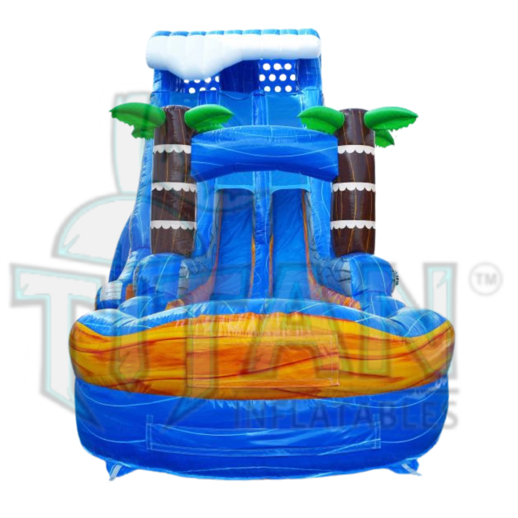  front facing view of a 22 foot blue plummet XL double lane inflatable water slide with an inflated pool