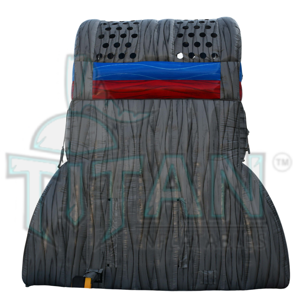  back facing view of a 22 foot limestone plummet XL double lane inflatable water slide with an inflated pool