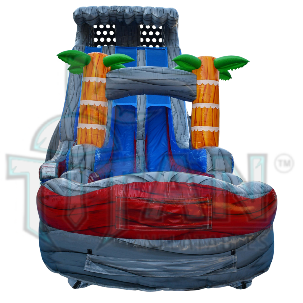 front facing view of a 22 foot limestone plummet XL double lane inflatable water slide with an inflated pool
