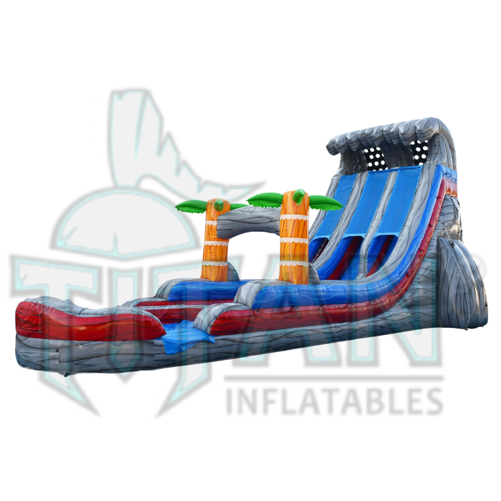  front angled right view of a 22 foot limestone plummet XL double lane inflatable water slide with an inflated pool