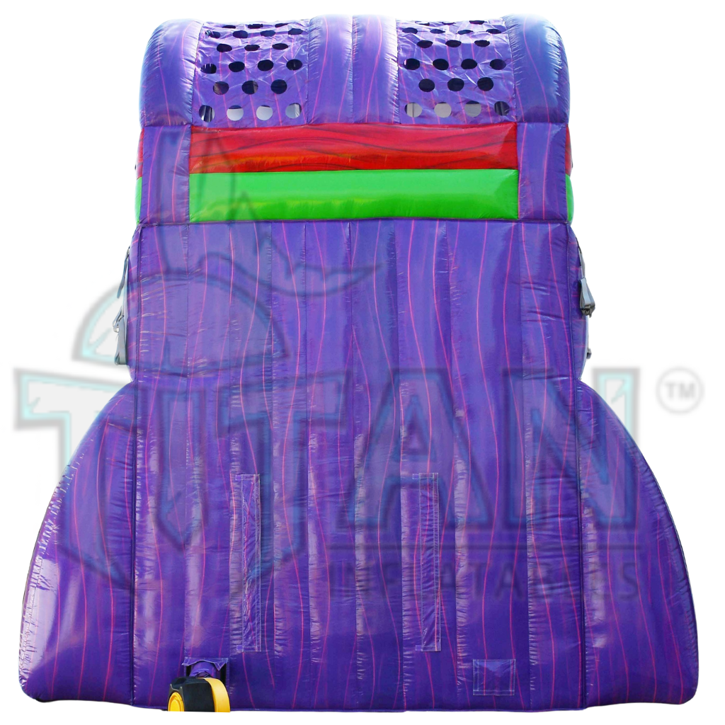  back facing view of a 22 foot purple plummet XL double lane inflatable water slide with an inflated pool