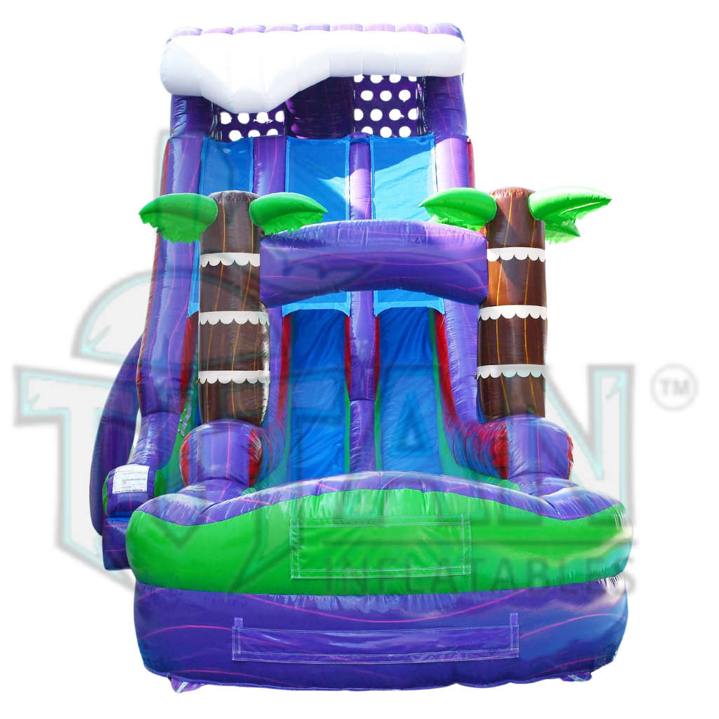  front facing view of a 22 foot purple plummet XL double lane inflatable water slide with an inflated pool
