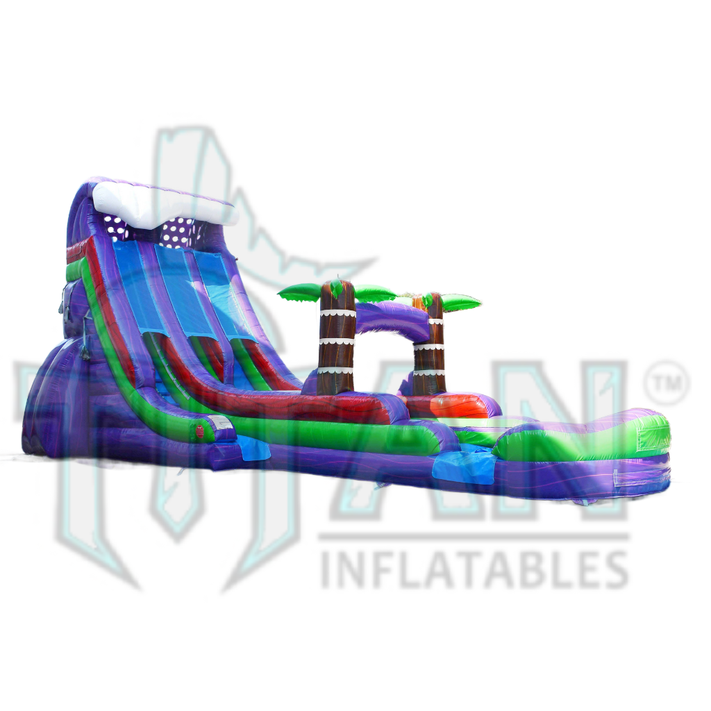  front angled left view of a 22 foot purple plummet XL double lane inflatable water slide with an inflated pool