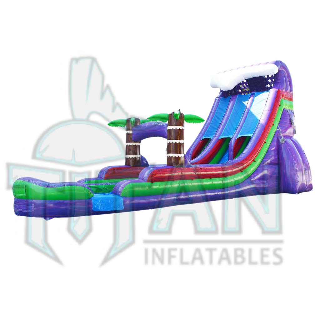  front angled right view of a 22 foot purple plummet XL double lane inflatable water slide with an inflated pool