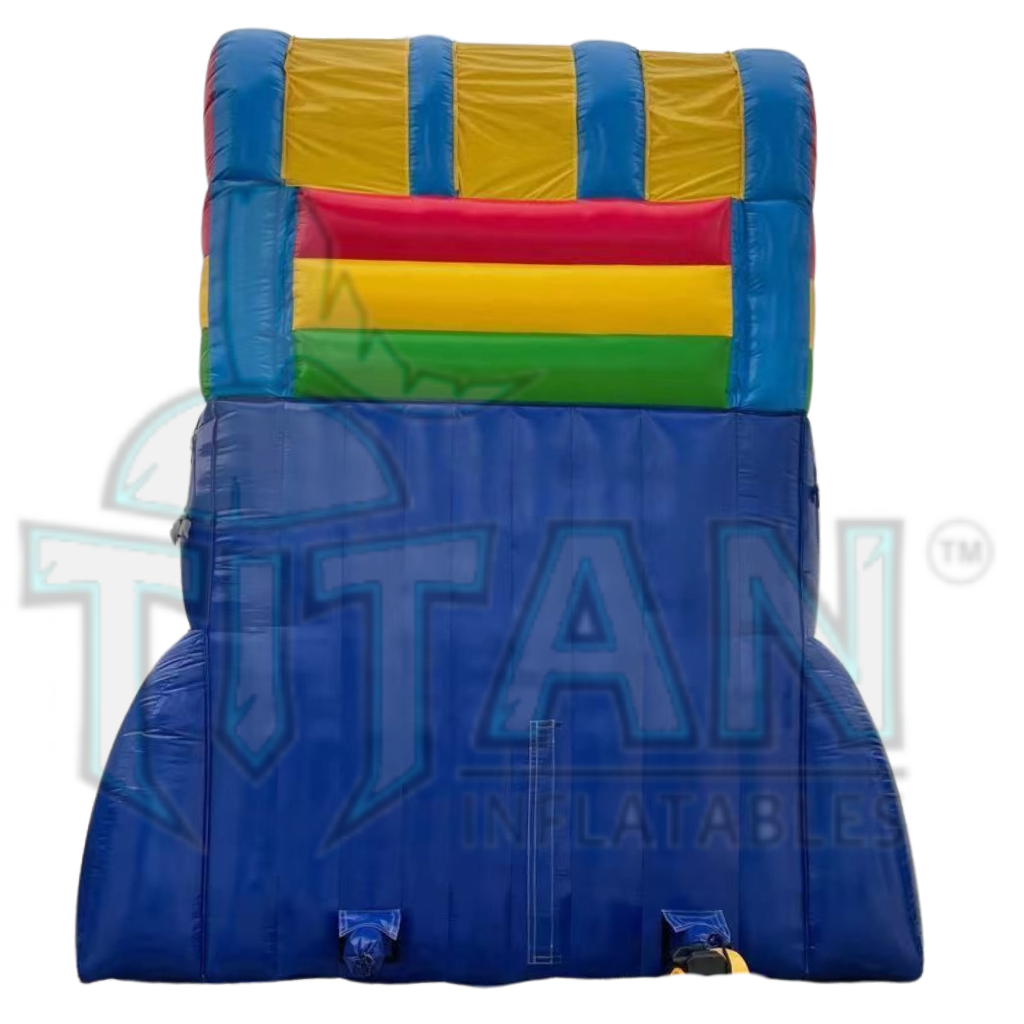  back facing view of a multicolored 22 foot standard double lane inflatable water slide with an inflated pool