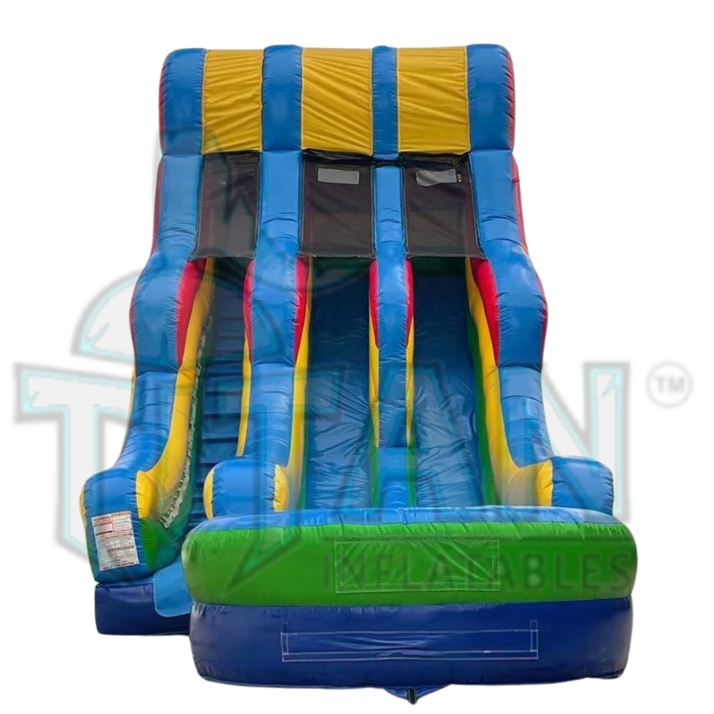  front facing view of a multicolored 22 foot standard double lane inflatable water slide with an inflated pool