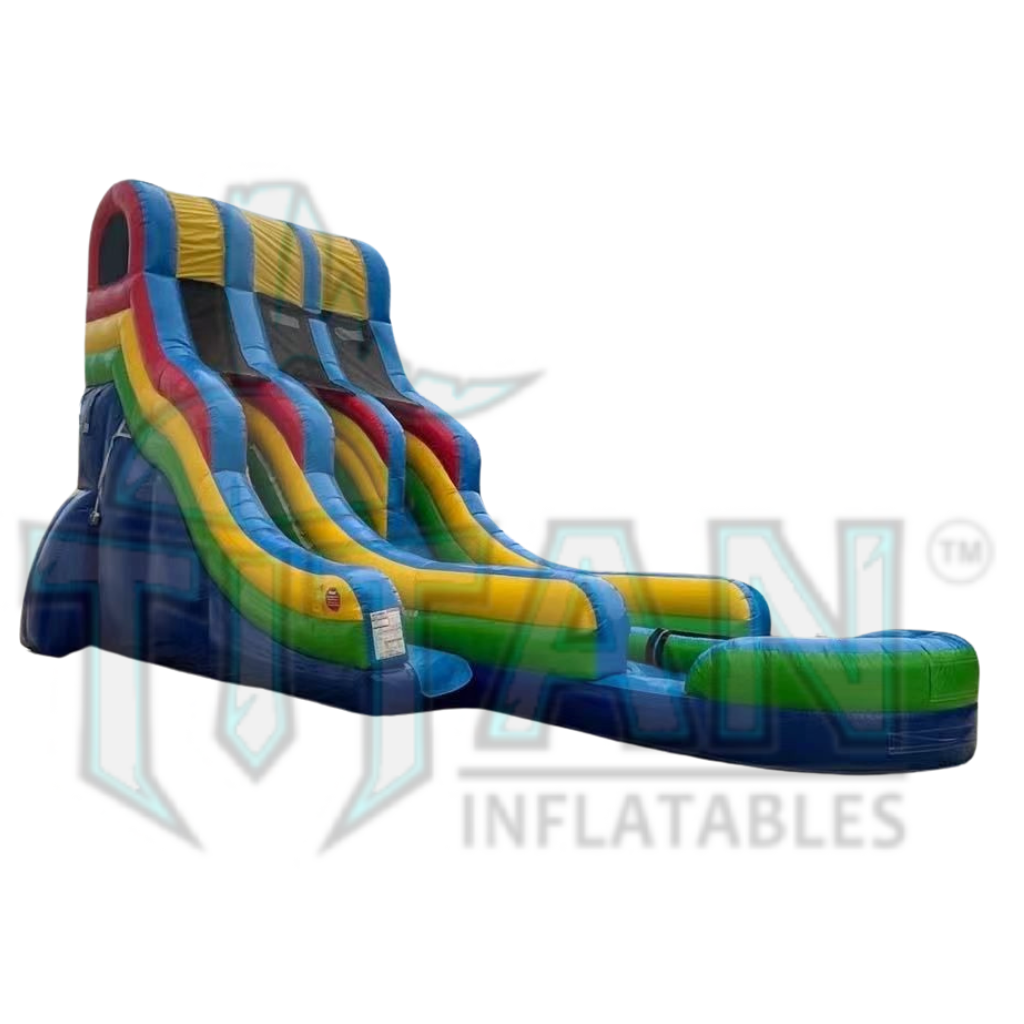  front angled left view of a multicolored 22 foot standard double lane inflatable water slide with an inflated pool