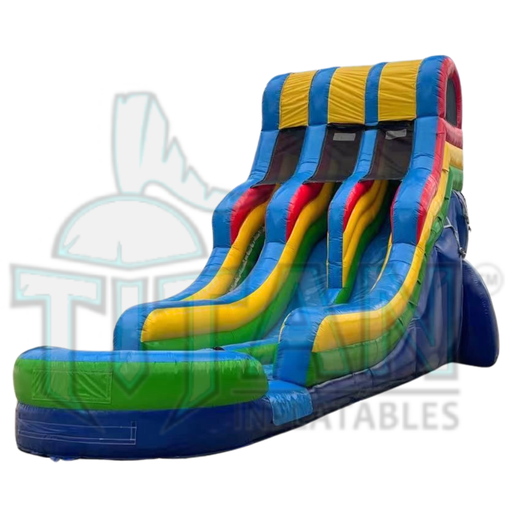  front angled right view of a multicolored 22 foot standard double lane inflatable water slide with an inflated pool