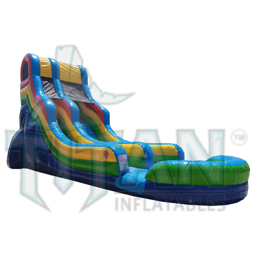  front angled left view of a multicolored 22 foot standard single lane inflatable water slide with an inflated pool