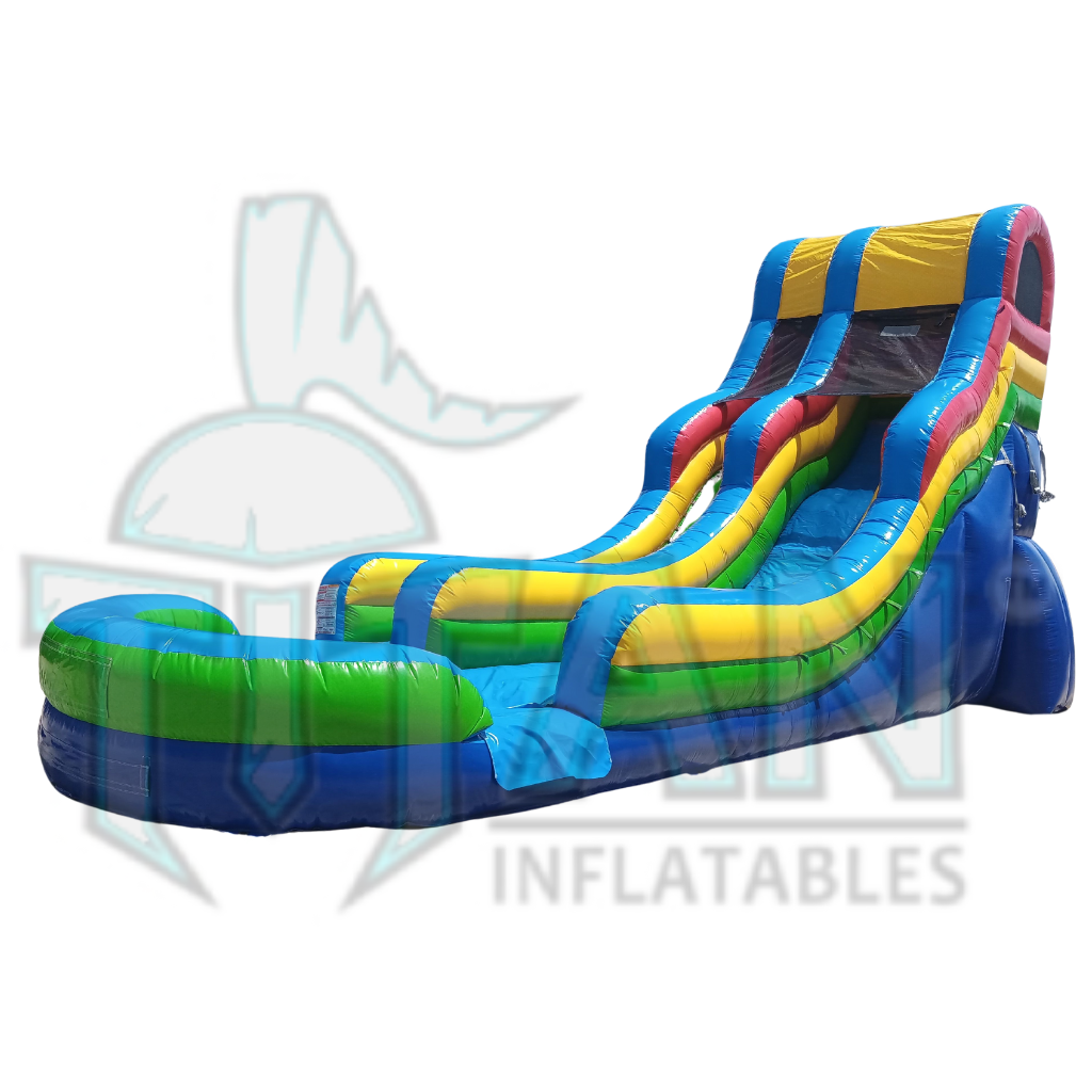  front angled right view of a multicolored 22 foot standard single lane inflatable water slide with an inflated pool