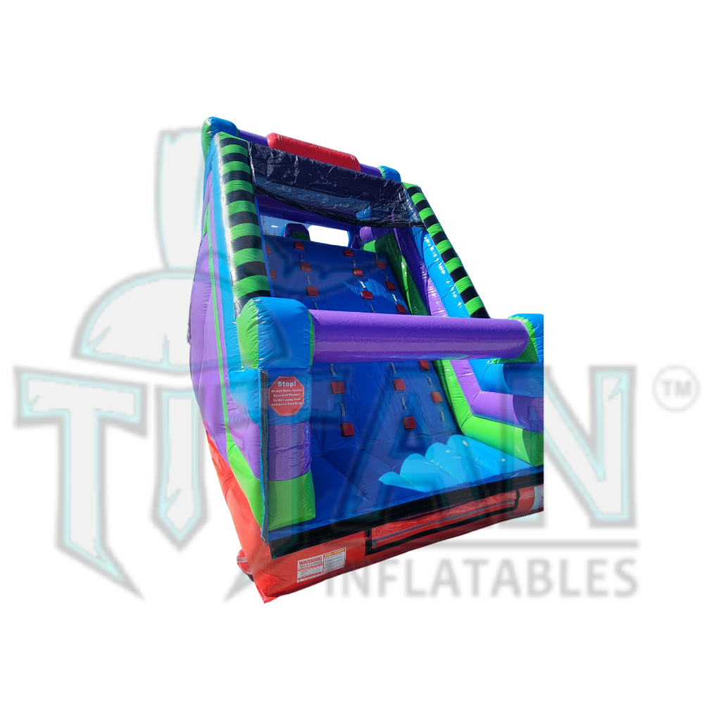 front angled left view of Titan inflatables multi colored 30 foot conqueror inflatable rock climb slide