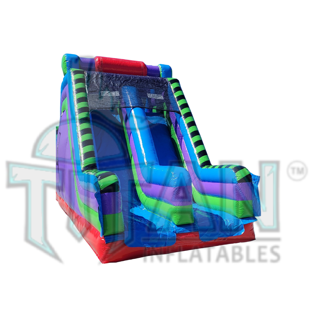 angled back left view of Titan inflatables multi colored 30 foot conqueror inflatable rock climb slide