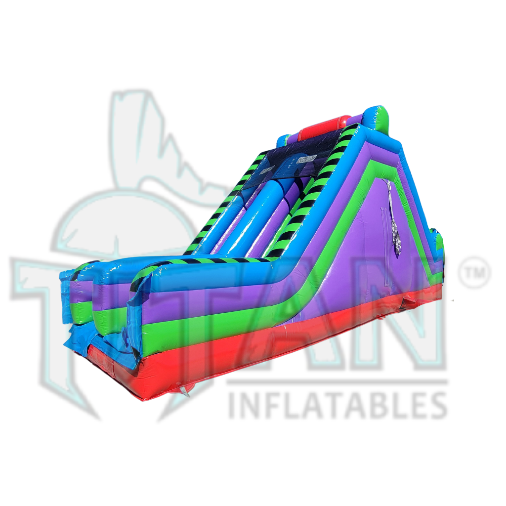 angled back right view of Titan inflatables multi colored 30 foot conqueror inflatable rock climb slide