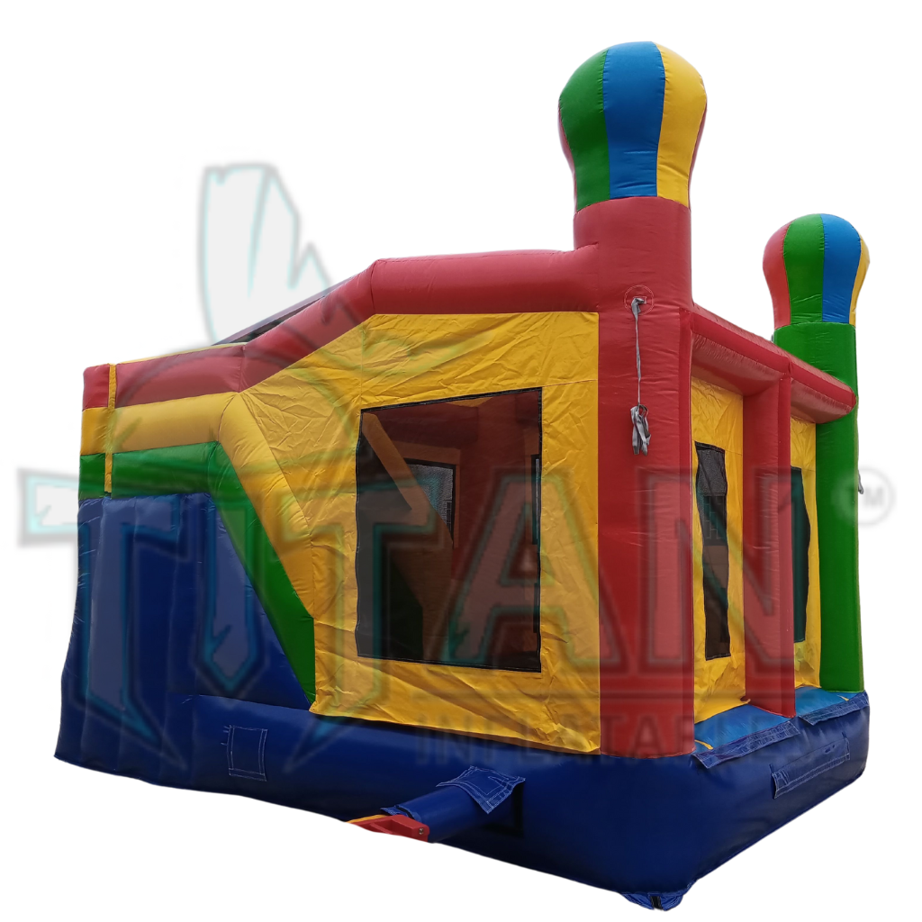 back angled right facing view of titan inflatables multicolored 5 and 1 balloon inflatable combo bouncer