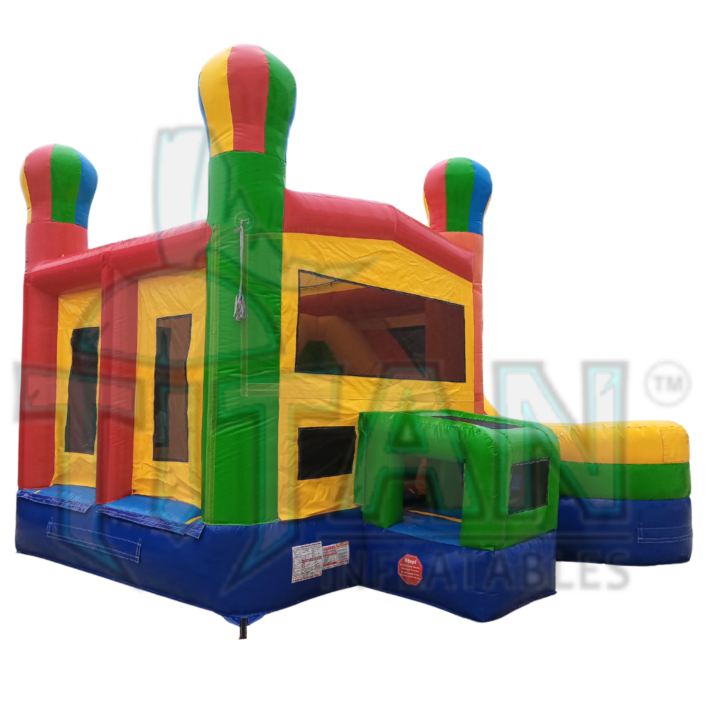 front angled left facing view of titan inflatables multicolored 5 and 1 balloon inflatable combo bouncer
