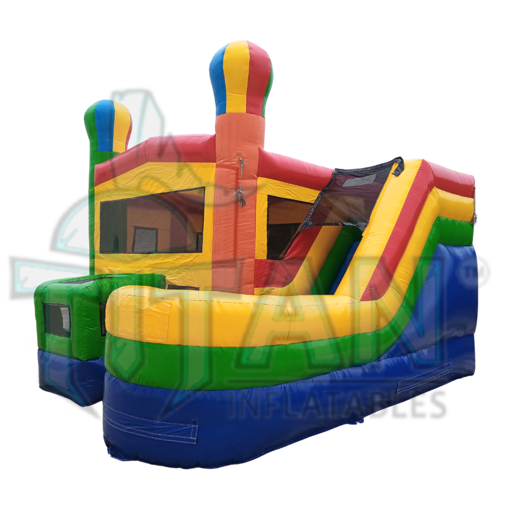 front angled right facing view of titan inflatables multicolored 5 and 1 balloon inflatable combo bouncer