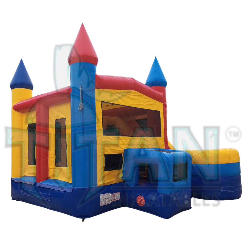 front angled left facing view of titan inflatables primary colored 5 and 1 castle inflatable combo bouncer