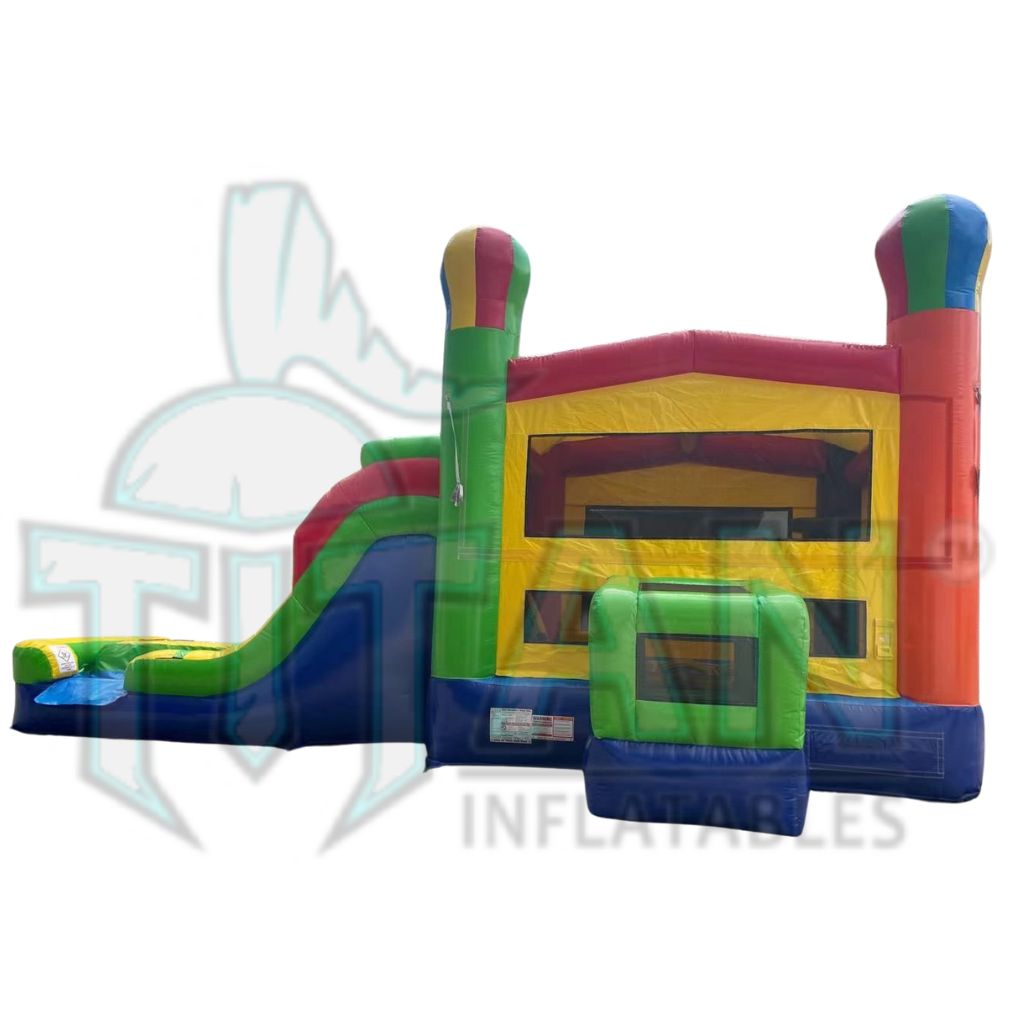 front facing view of titan inflatables balloon double lane inflatable combo bouncer