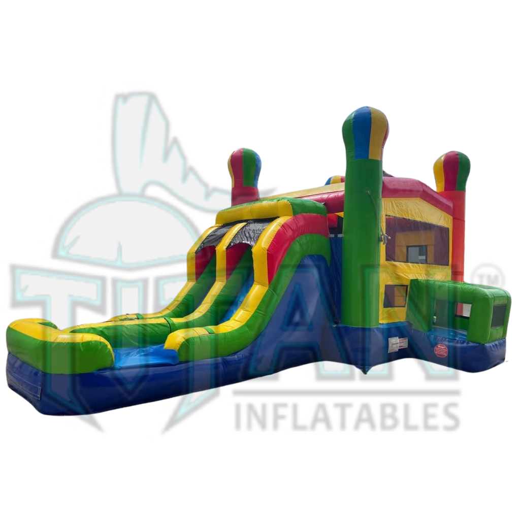 front angled left facing view of titan inflatables balloon double lane inflatable combo bouncer