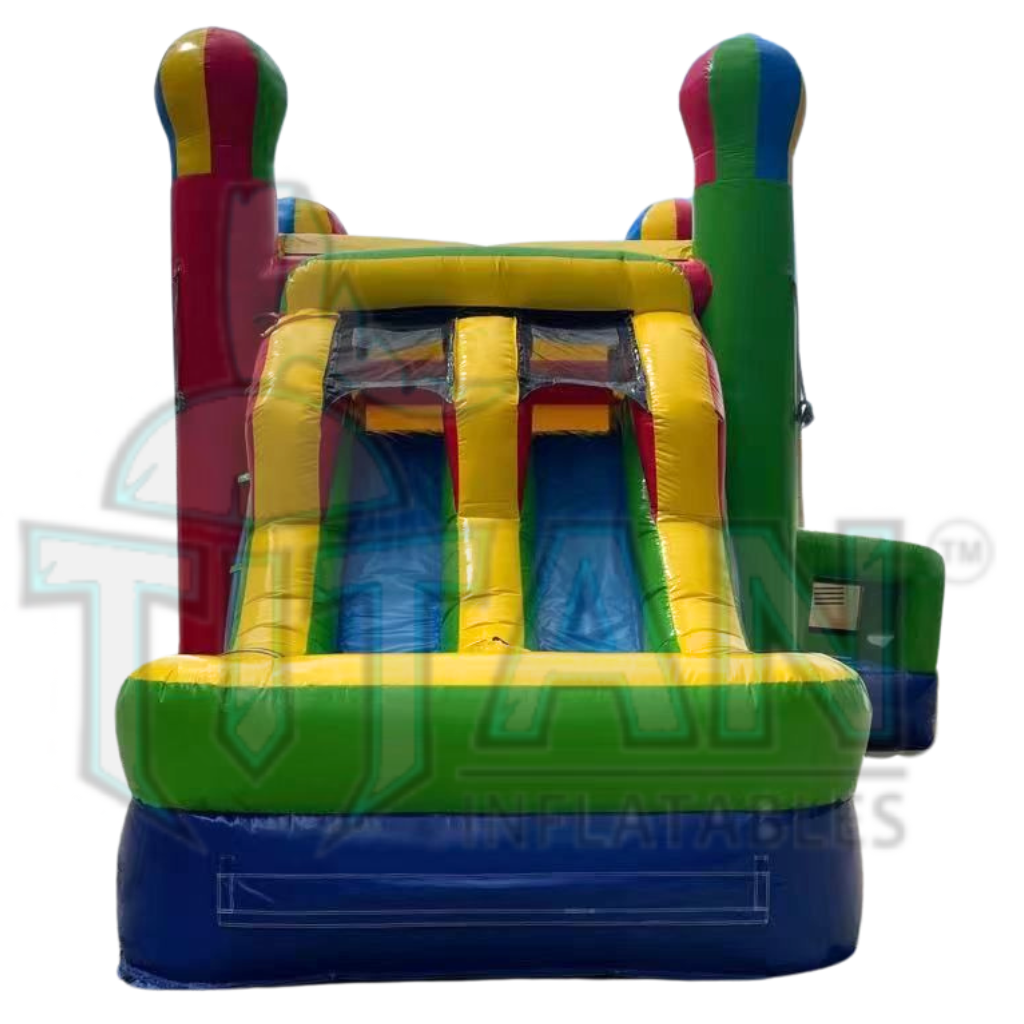 left view of titan inflatables balloon double lane inflatable combo bouncer