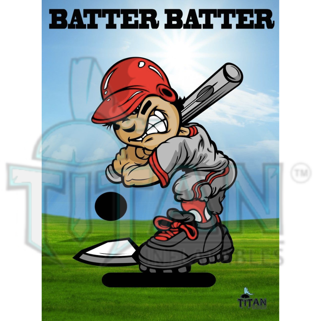 batter batter big system panel with a strong baseball player standing at home plate with a baseball bat